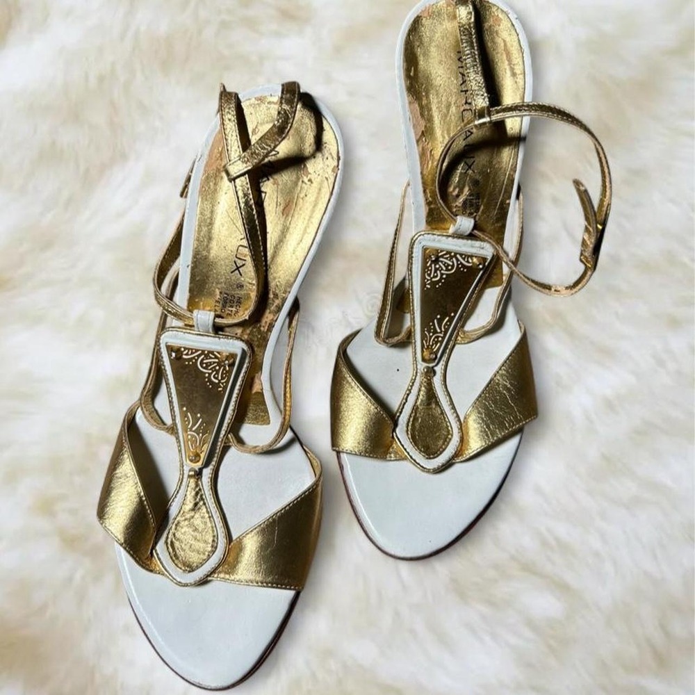 Margaux Metallic T Strap Heel Sandals Gold White Y2K Vintage Size 4.5